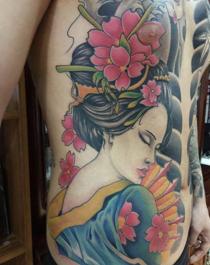 开衫艺妓部分纹身图片_胸部腹部传统人物原创纹身图案