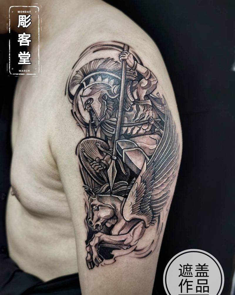 大臂勇士遮盖作品纹身图片_手臂新传统点刺遮盖纹身图案