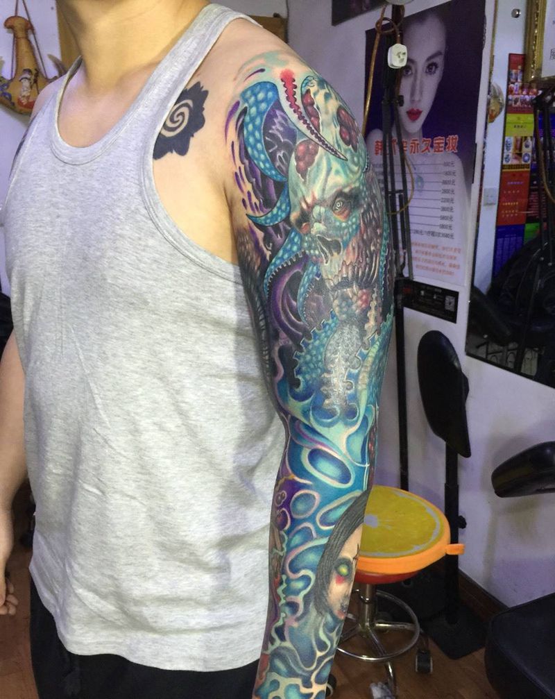 修改遮盖花臂前后纹身图片