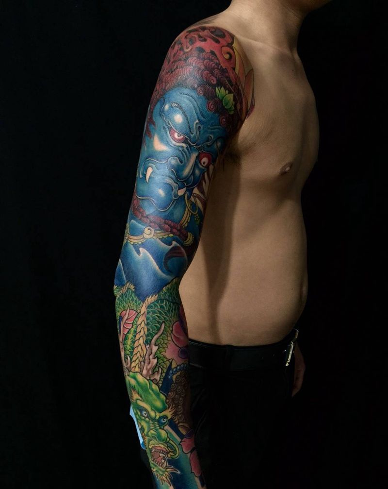 不动明王 花臂纹身图片_成品手臂传统人物动物原创纹身图案