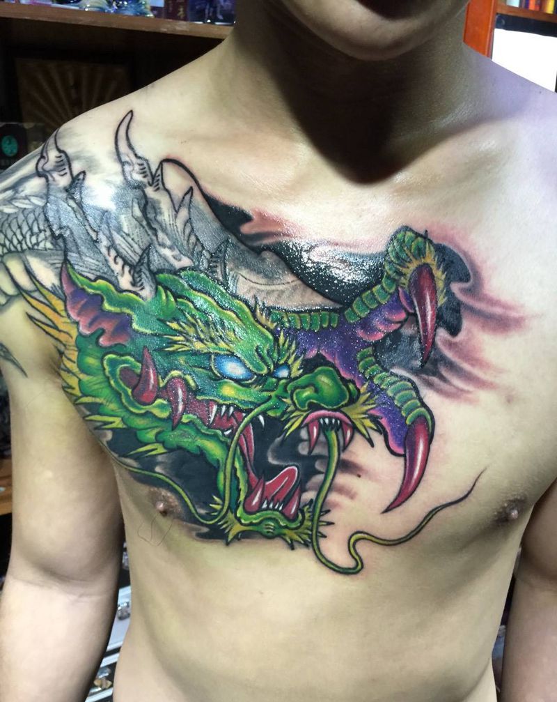 遮盖进行中 未完成待续纹身图片_遮盖胸部背部肩部动物原创传统纹身图案