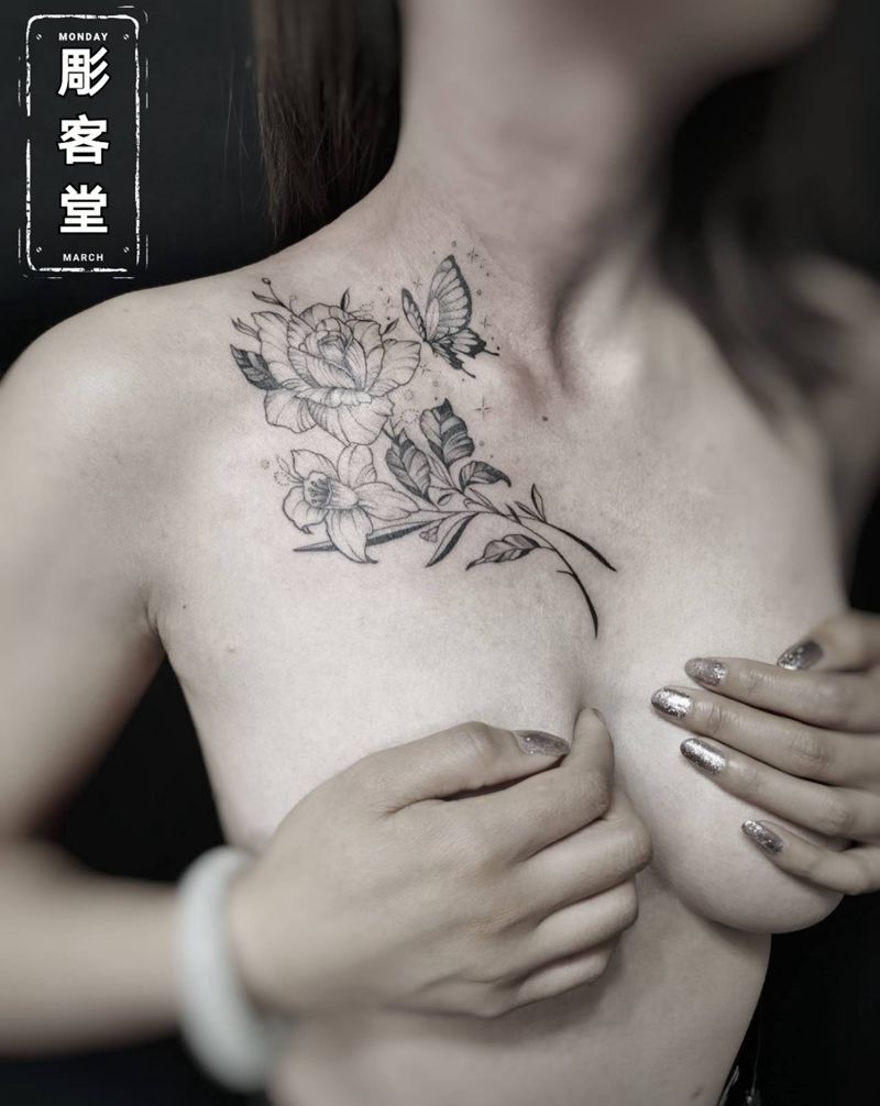 素花遮盖胎记纹身图片_胸部点刺纹身图案