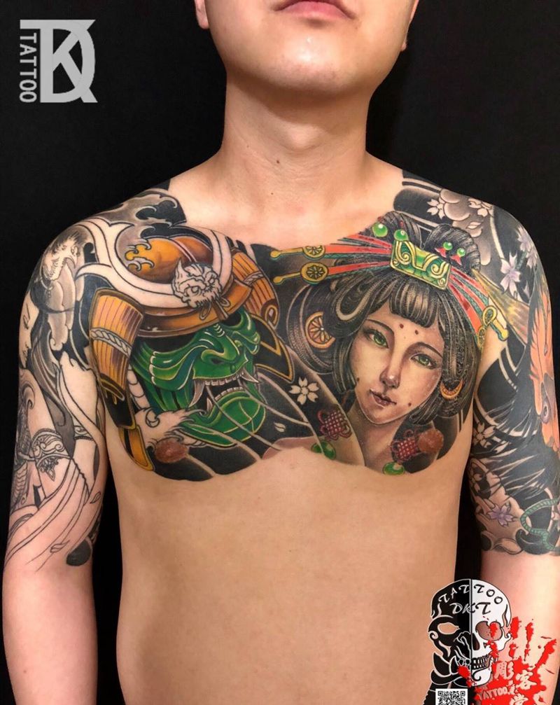 花胸又进行一部分未完成纹身图片_胸部传统鬼神纹身图案