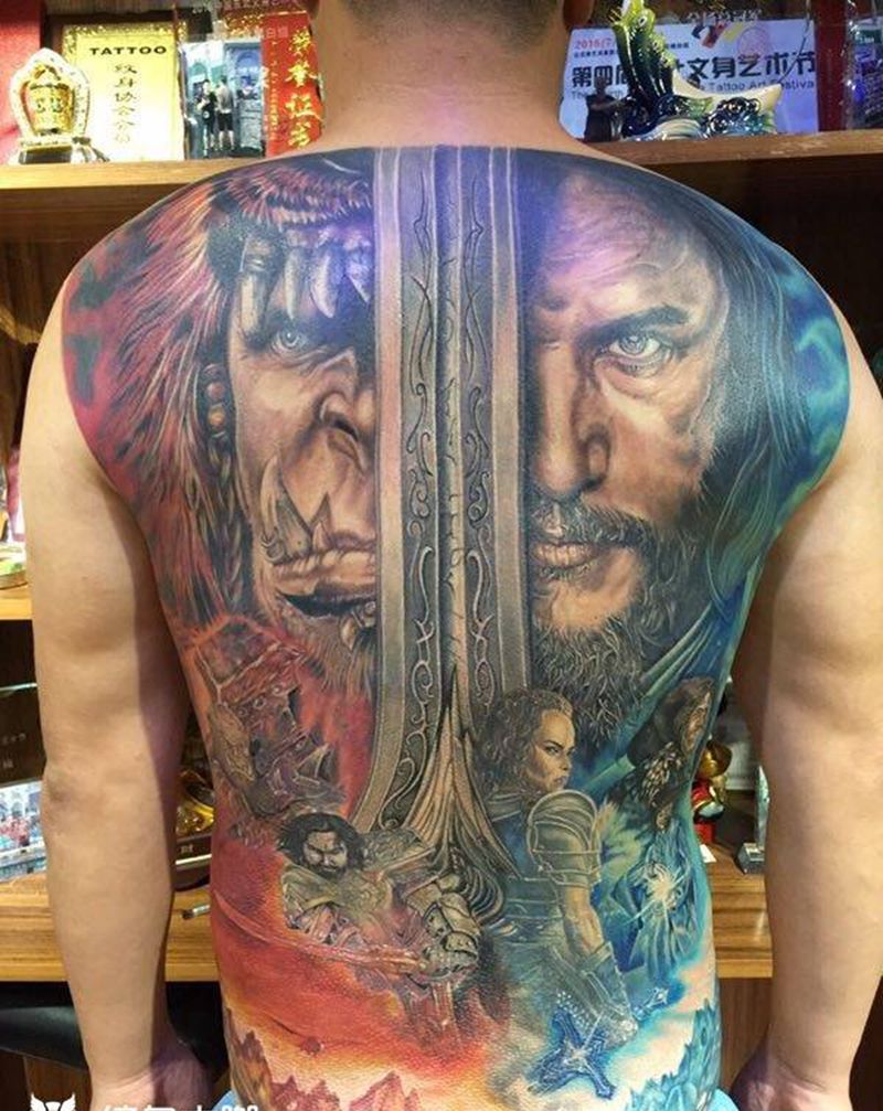 魔兽 恢复后效果纹身图片_成品背部欧美人物原创纹身图案