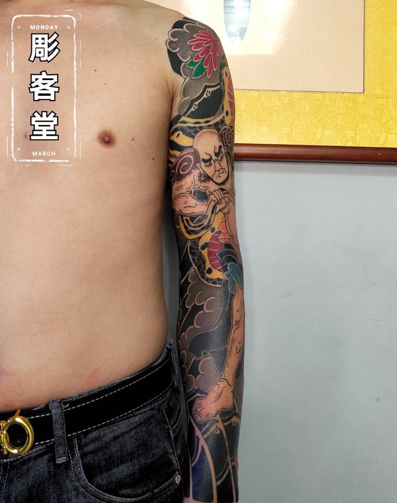 老传统花臂鲁智深徒弟作品纹身图片_手臂老传统纹身图案