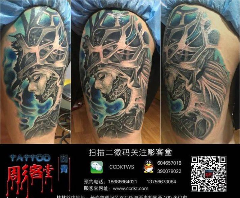 女战士纹身图片_成品腿部欧美人物纹身图案