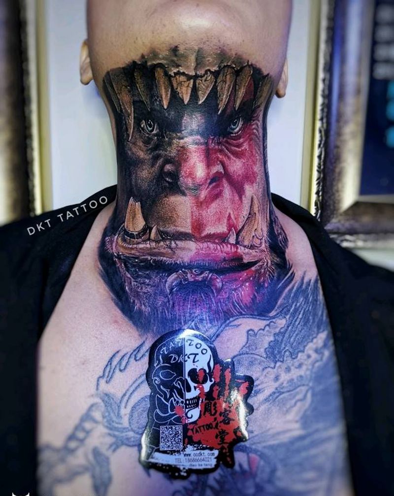 脖子纹身魔兽纹身图片_颈部欧美写实纹身图案