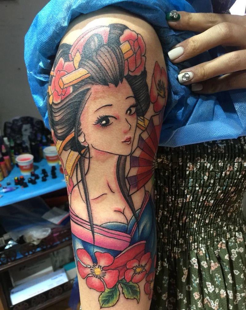 艺妓遮盖字母    前后对比纹身图片_遮盖成品手臂传统人物纹身图案