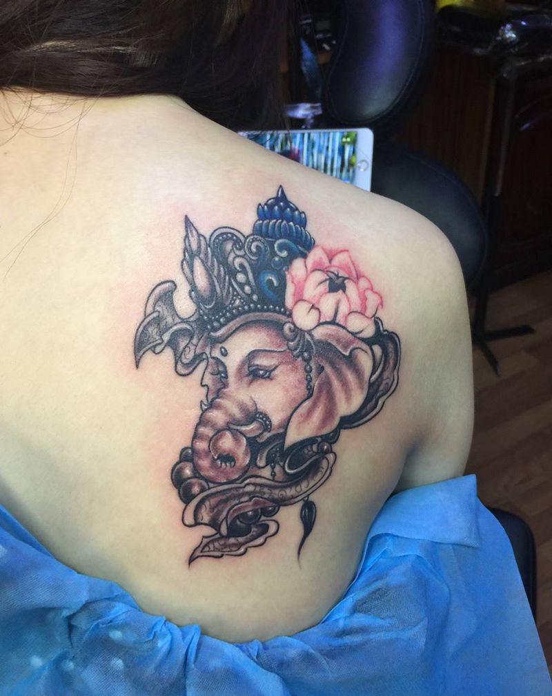 小象神纹身图片_成品肩部背部传统清新动物纹身图案