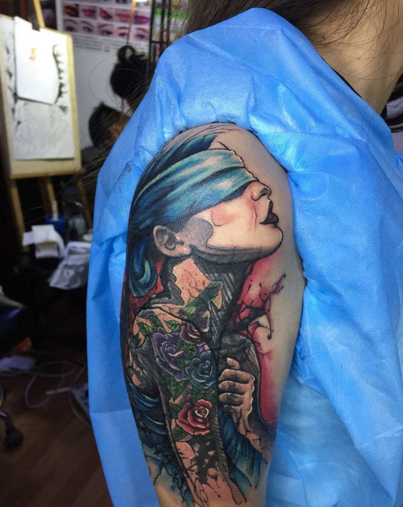 水墨美女  遮盖前后对比纹身图片_成品手臂国画人物原创纹身图案