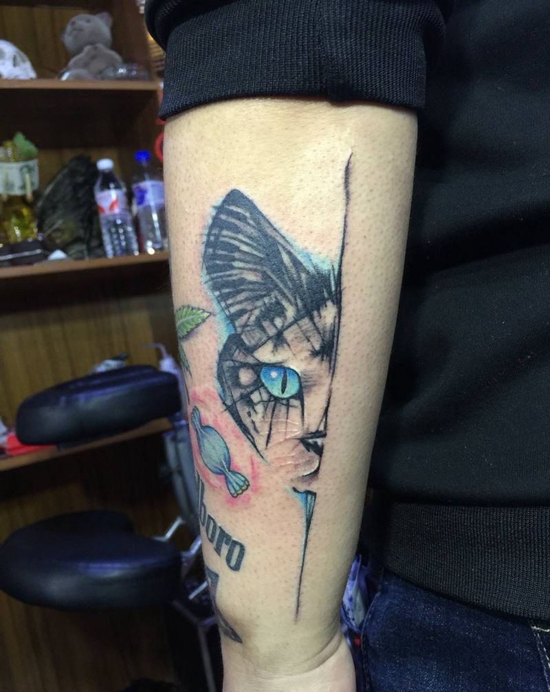 小猫咪  拼接花臂的节奏纹身图片