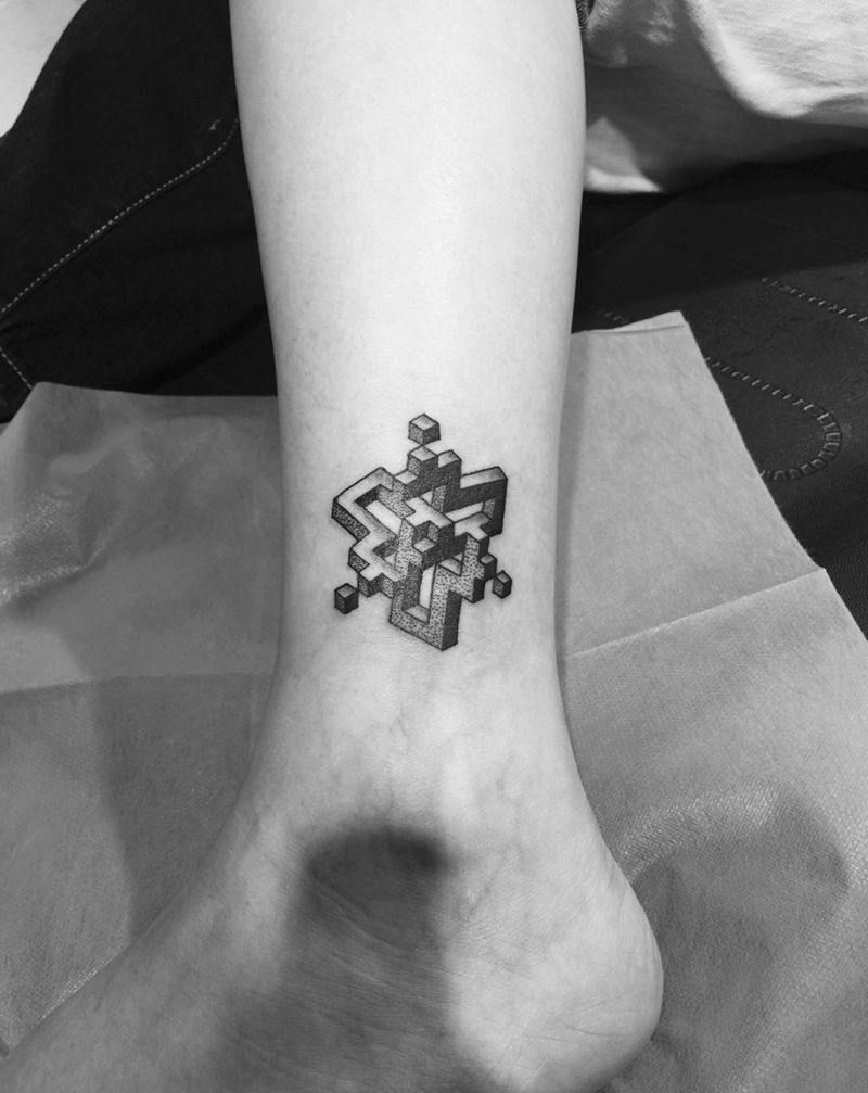 立体几何图案纹身图片_成品腿部几何清新纹身图案