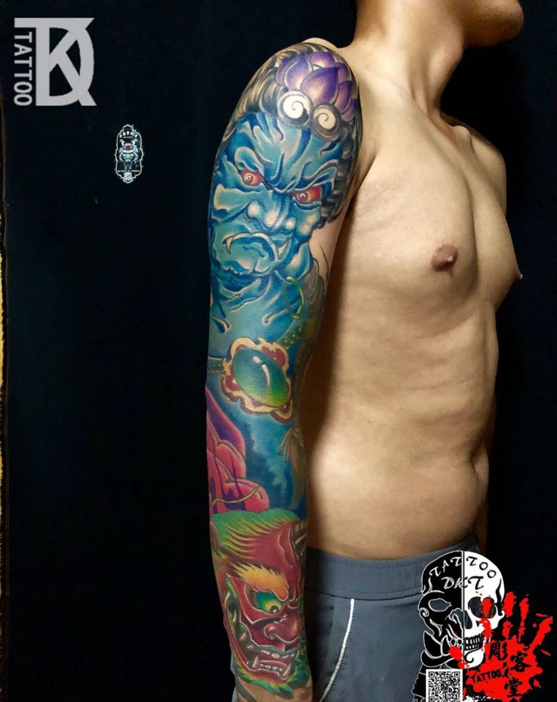 不动明王花臂 待续纹身图片_手臂新传统纹身图案