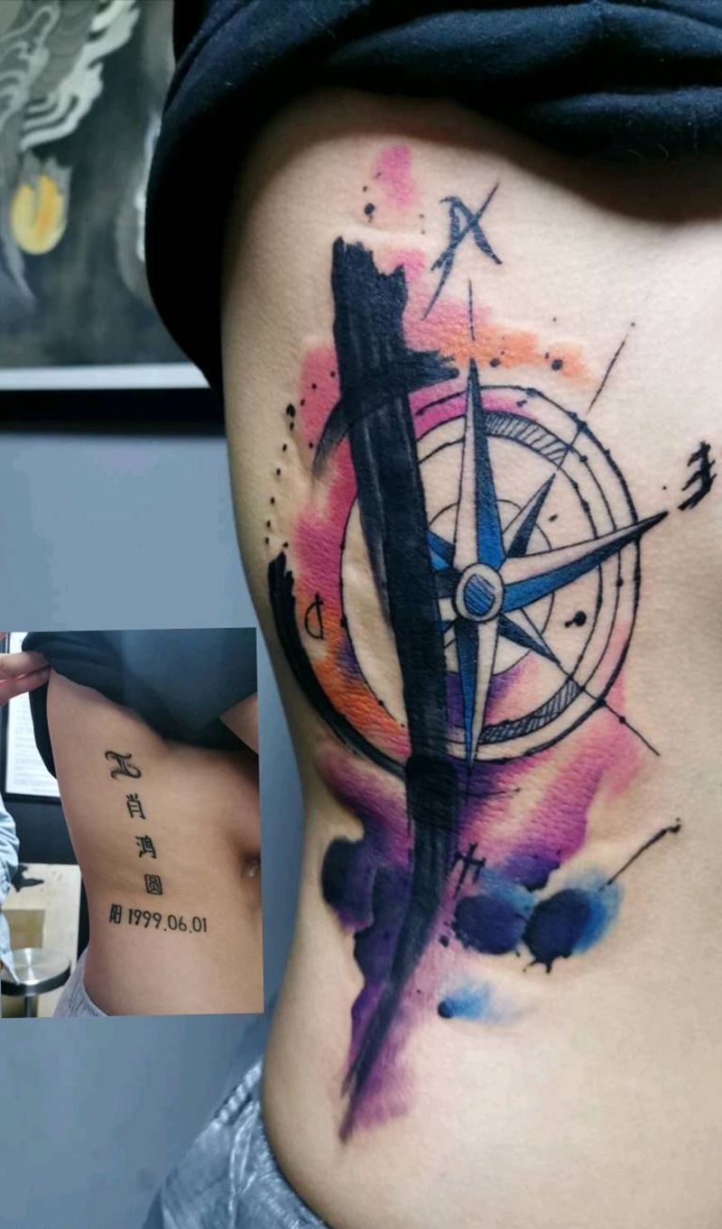 指南针 遮盖纹身图片_水彩水墨纹身图案