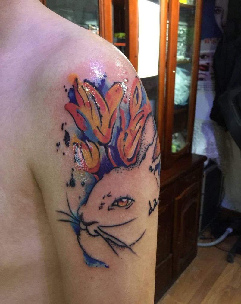 水彩小兔子纹身图片_成品手臂清新动物纹身图案