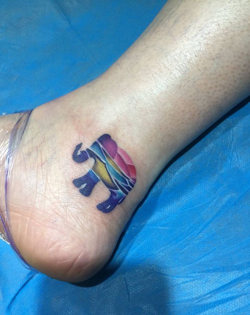 小象纹身图片_成品脚部清新几何动物纹身图案