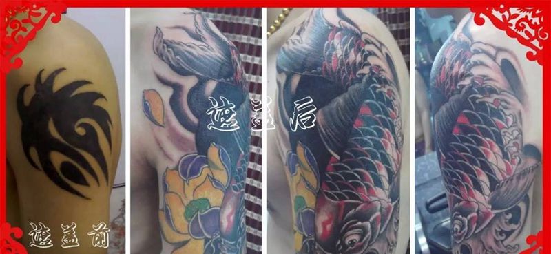 遮盖 鲤鱼纹身图片_手臂传统纹身图案