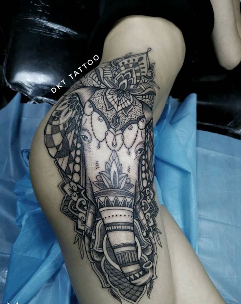 臀部象神梵花纹身图片_臀部点刺新传统纹身图案