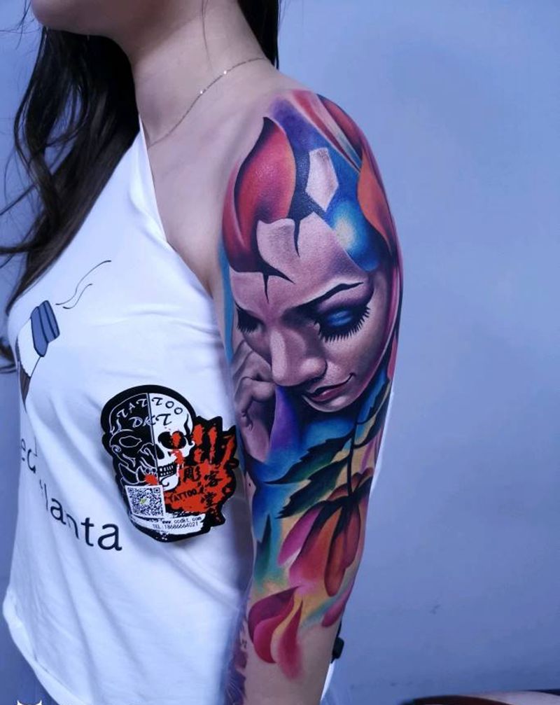 欧美写实美女破碎纹身图片_手臂欧美写实纹身图案