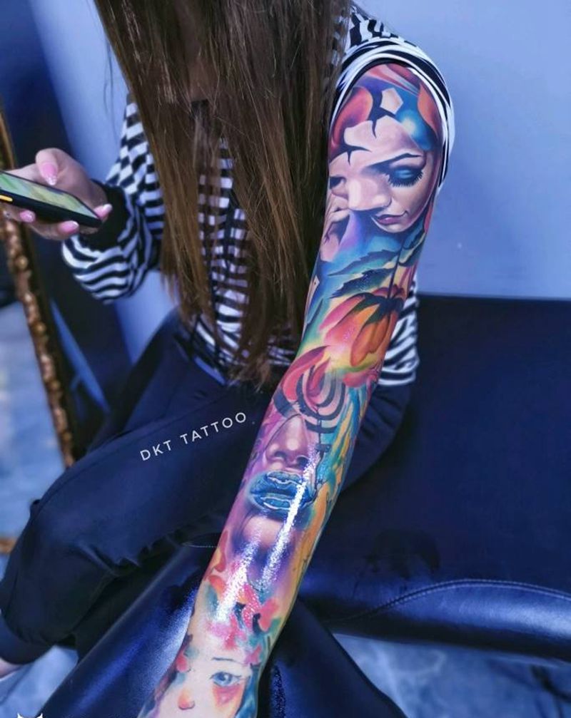 欧美彩色写实花臂纹身图片_手臂欧美写实纹身图案