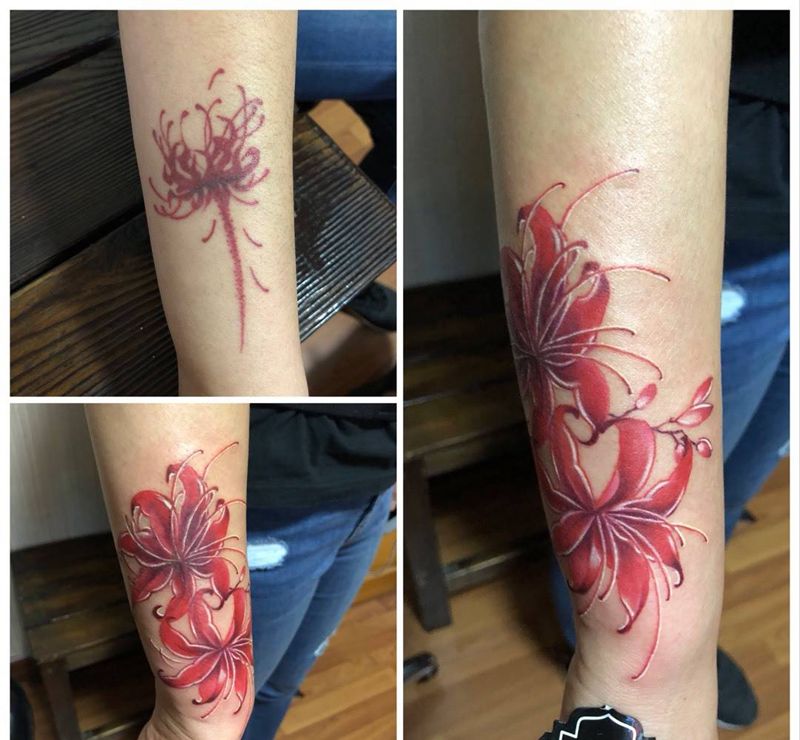 彼岸花遮盖前后对比纹身图片_成品手臂清新植物原创纹身图案