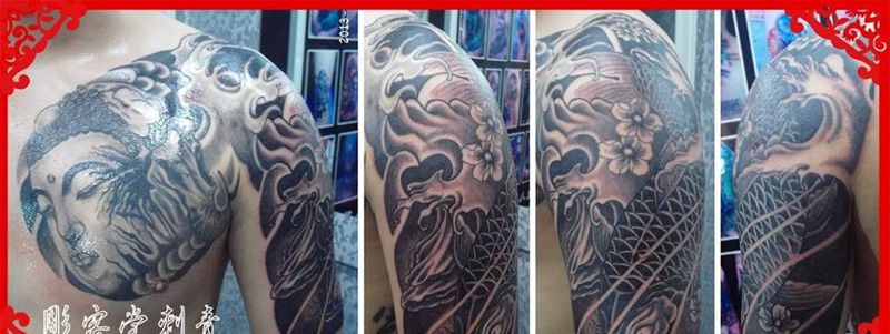 半胛佛与魔是遮盖的字 胳膊部分鲤鱼纹身图片_成品手臂胸部人物宗教动物纹身图案