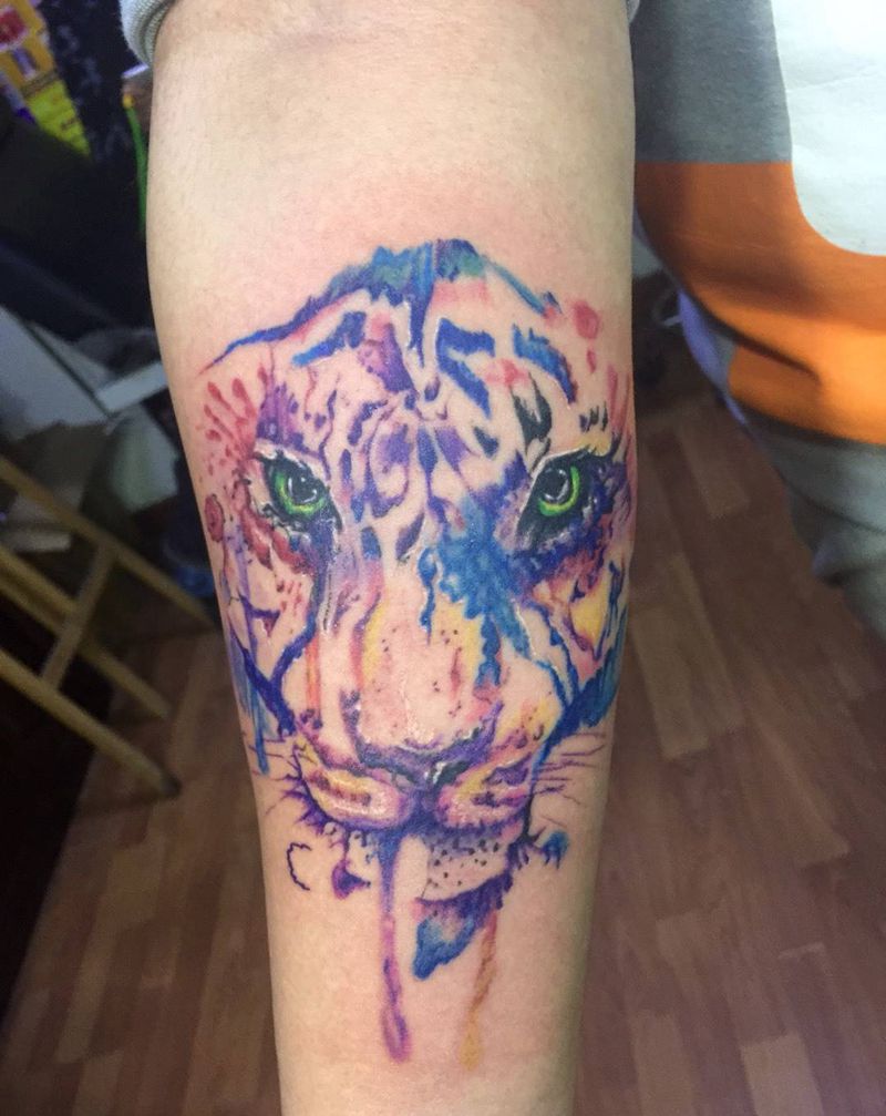 水彩 虎头纹身图片_成品手臂国画动物纹身图案