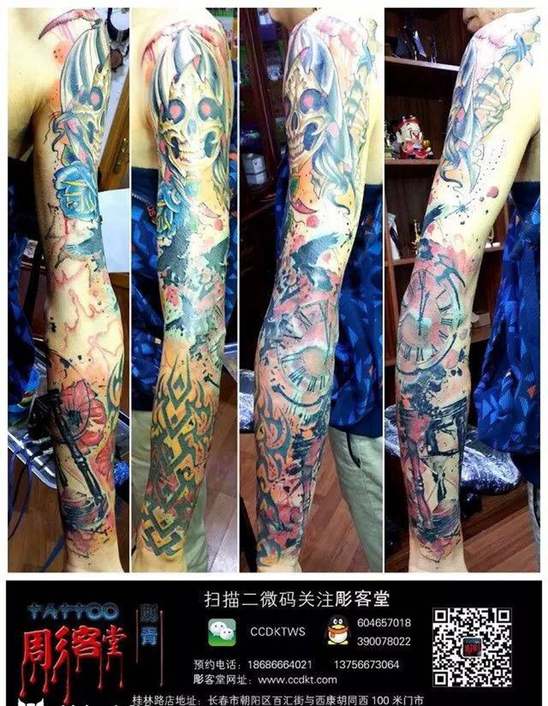 水墨花臂纹身图片_成品手臂国画原创纹身图案
