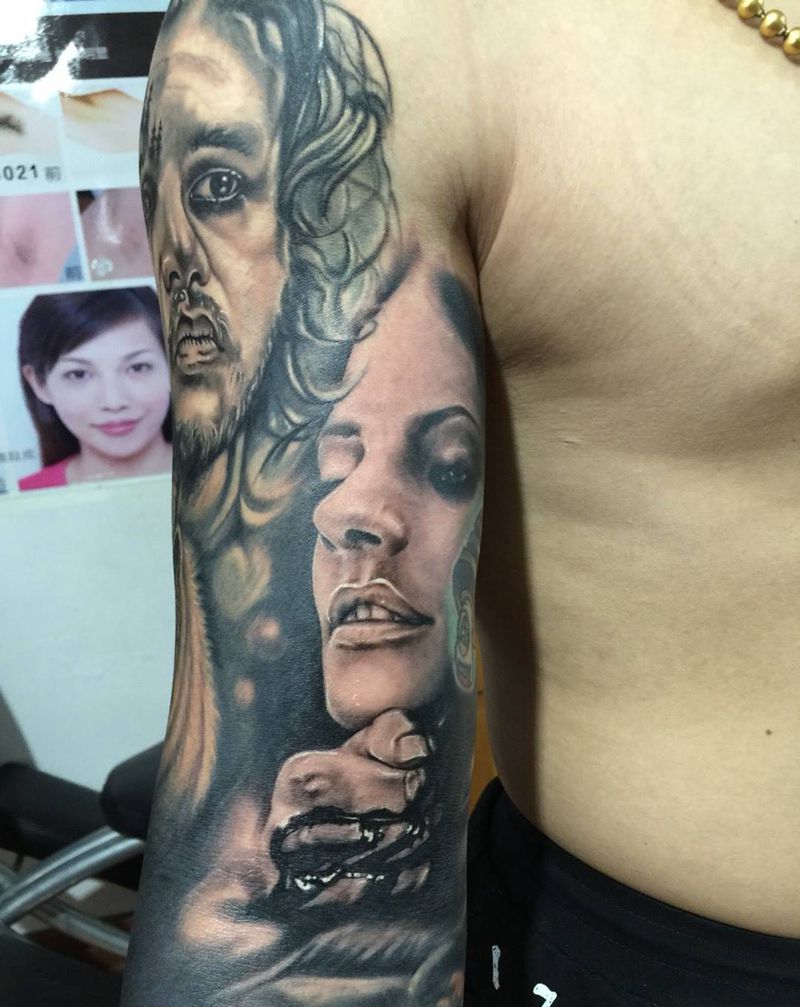 拼接欧美黑灰花臂纹身图片_成品手臂肖像写实原创纹身图案