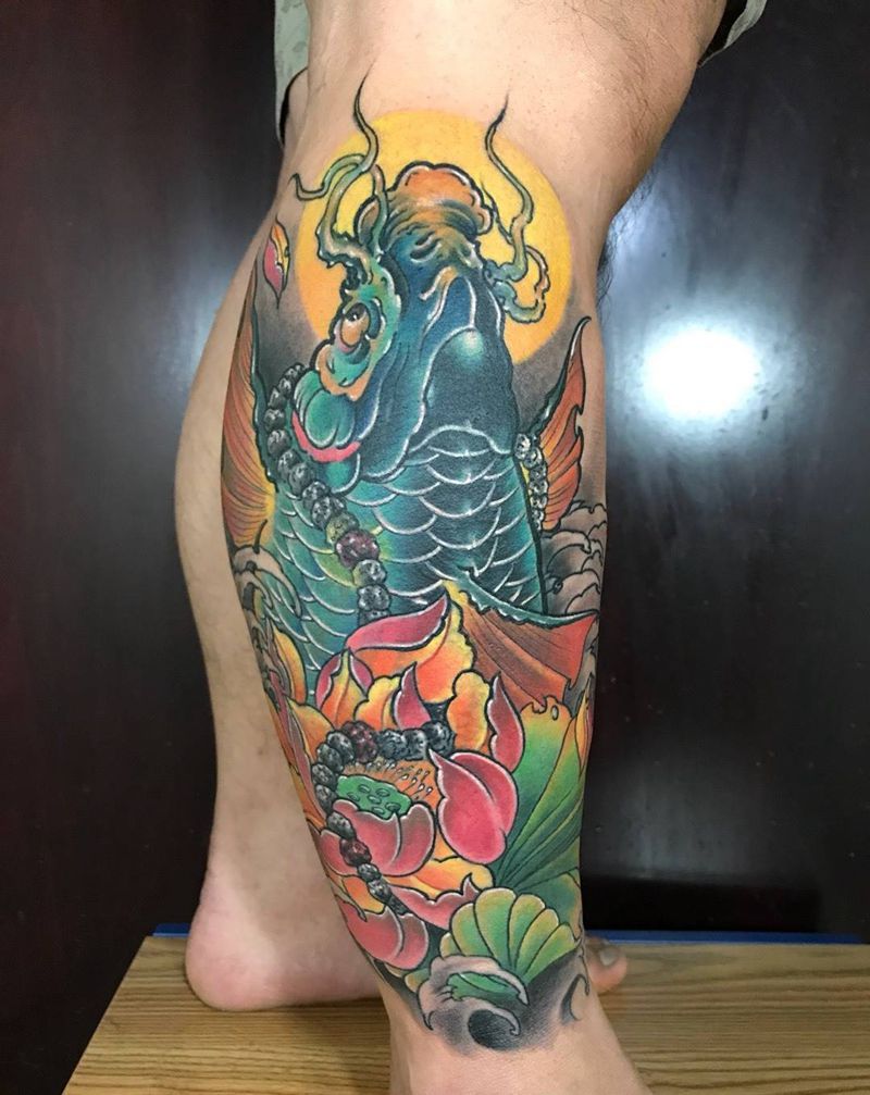 遮盖鲤鱼前后对比纹身图片_成品腿部传统动物纹身图案