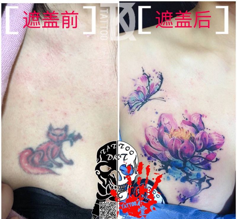 水墨荷花遮盖作品纹身图片_胸部水墨纹身图案