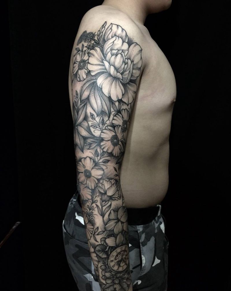 点刺飞针花花臂纹身图片_成品手臂清新植物纹身图案