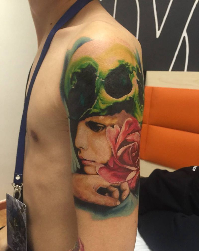 美女骷髅纹身图片_成品手臂欧美人物纹身图案
