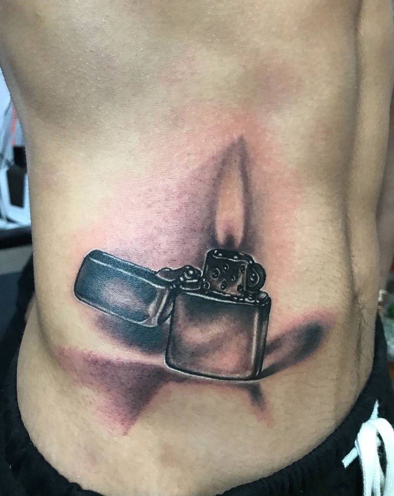 Zippo 火机纹身图片_成品腹部欧美写实静物原创纹身图案