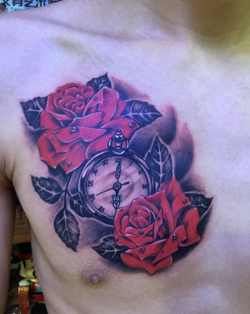 玫瑰怀表纹身图片_成品胸部欧美原创纹身图案