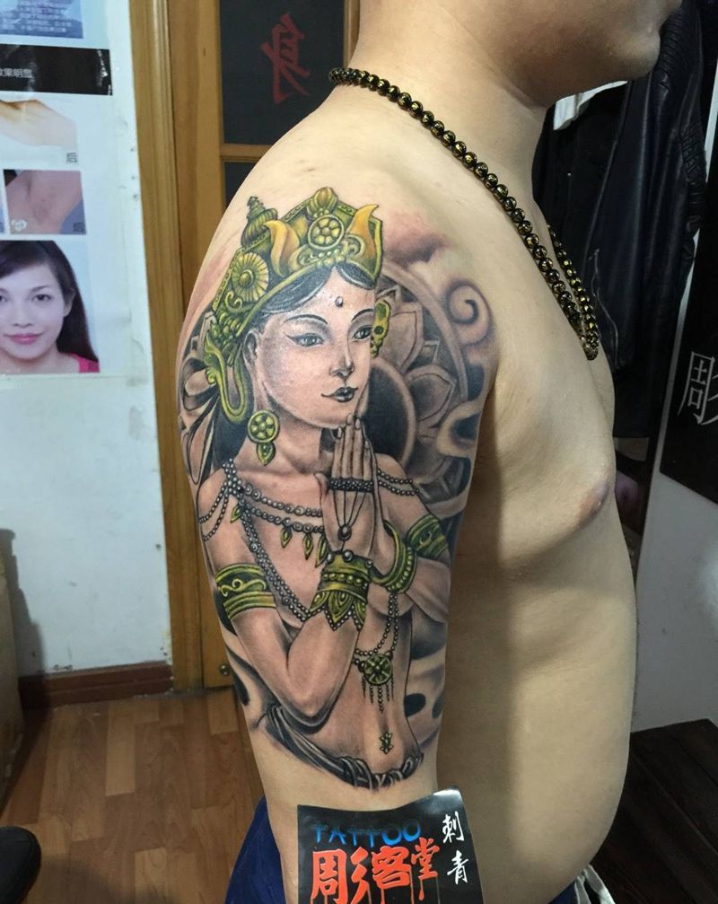 菩萨纹身图片_成品手臂肖像人物纹身图案