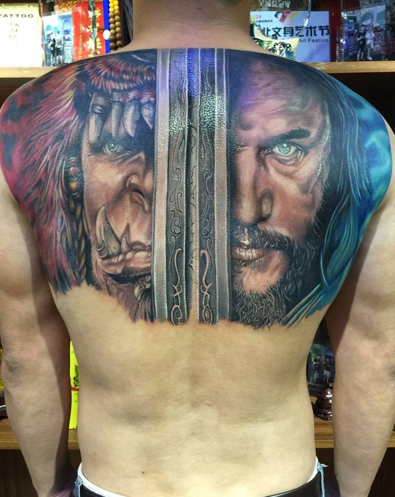 魔兽未完成待续纹身图片_背部欧美人物纹身图案