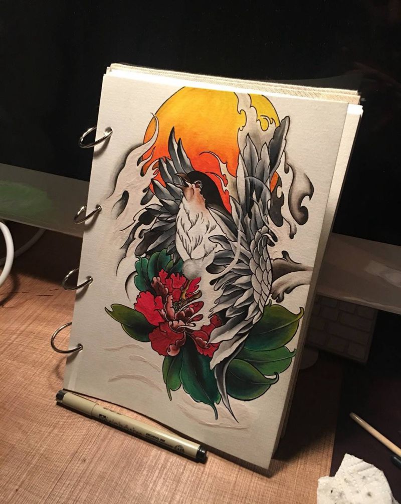 飞鸟纹身图片_手稿传统动物纹身图案