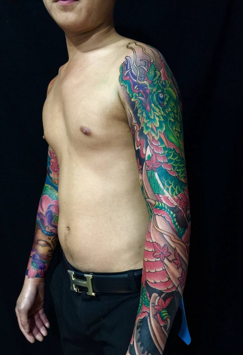 青龙花臂纹身图片_成品手臂传统鬼神原创纹身图案