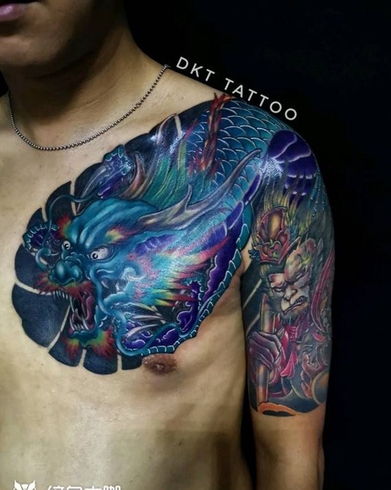 遮盖作品纹身图片_胸部手臂新传统遮盖纹身图案