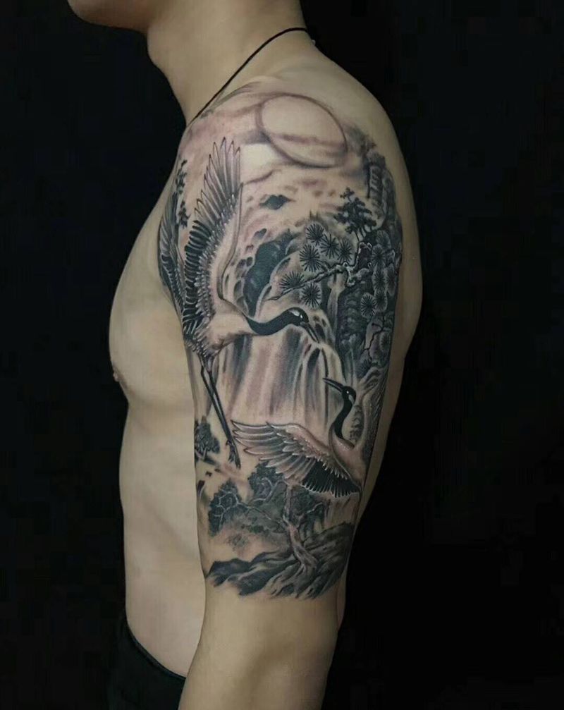 松鹤延年纹身图片_成品手臂传统国画原创动物纹身图案