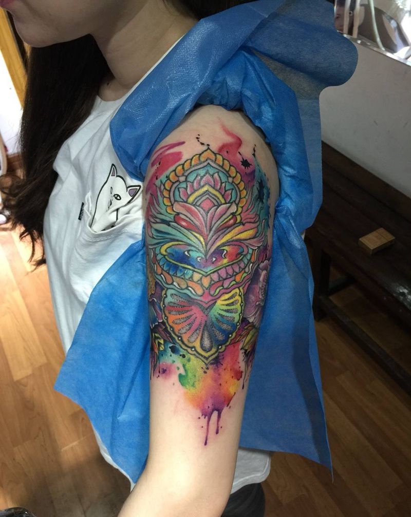 修改遮盖前后对比纹身图片_成品遮盖原创清新国画手臂纹身图案