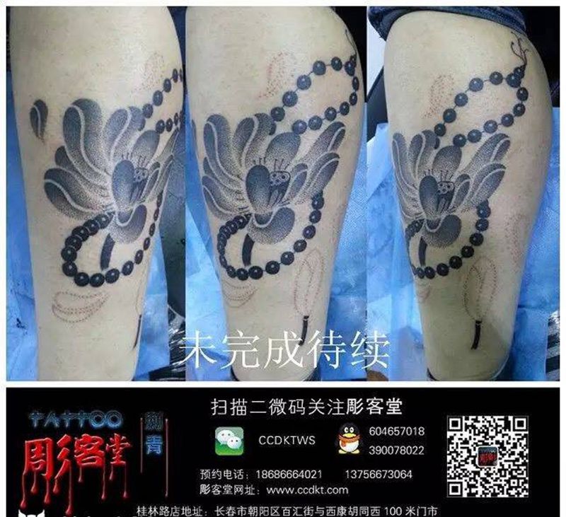 点刺荷花纹身图片_成品清新腿部纹身图案