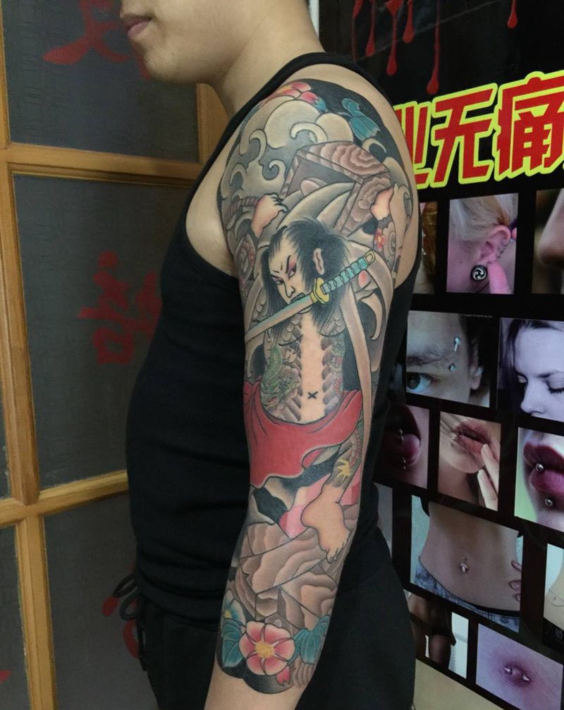 七分袖纹身图片_手臂成品传统人物纹身图案