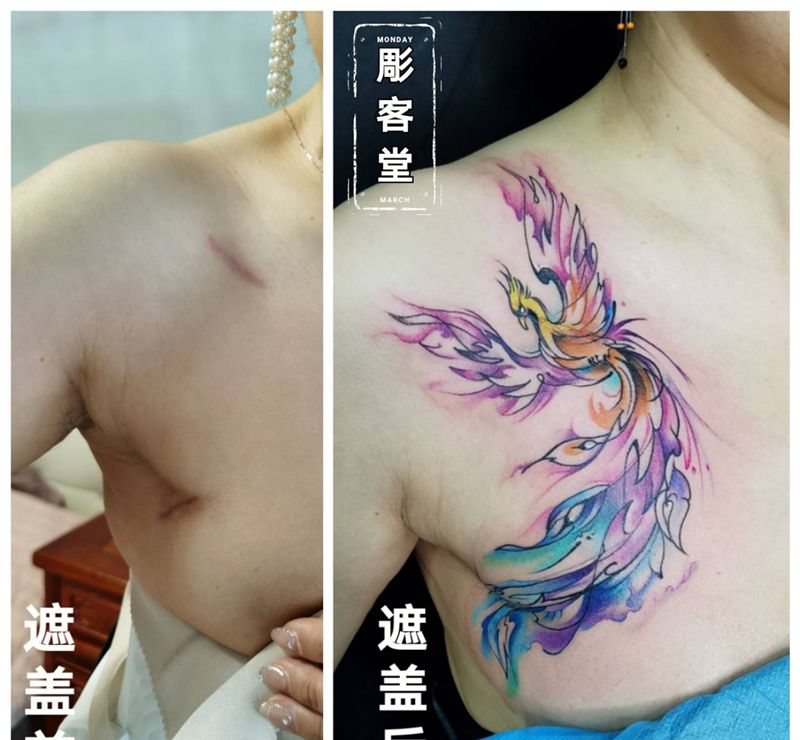 水彩凤凰遮盖疤痕纹身图片_胸部水彩纹身图案