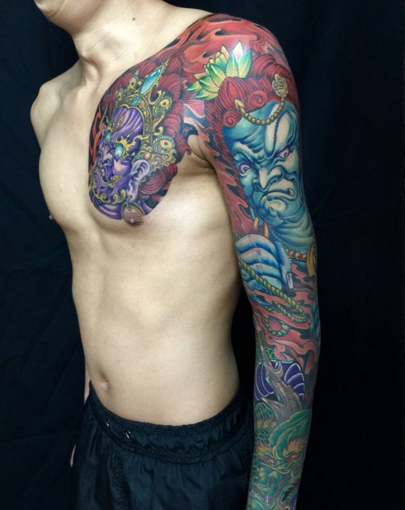 大黑天不动冥王花臂纹身图片_手臂胸部传统人物鬼神纹身图案