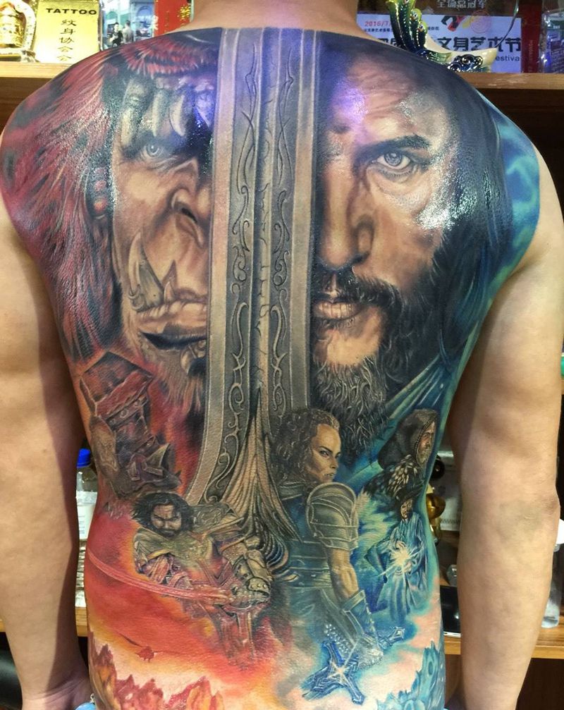 魔兽纹身图片_成品背部欧美人物原创纹身图案