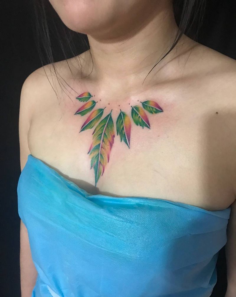 叶子纹身图片_成品颈部胸部清新植物原创纹身图案