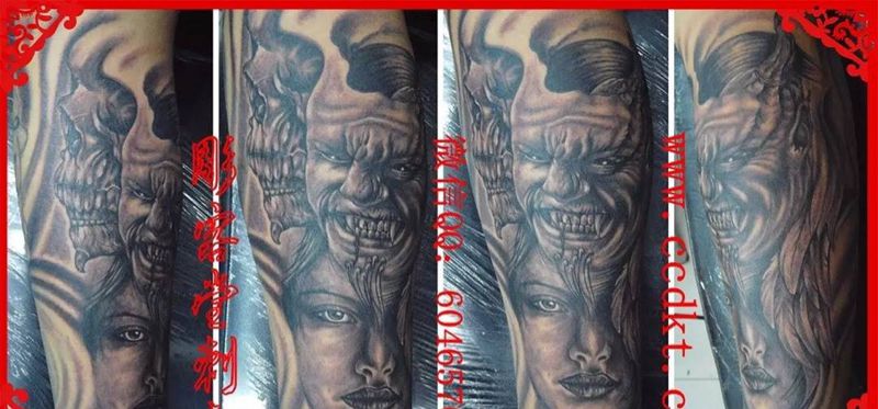 恶魔与美女纹身图片_腿部传统人物纹身图案