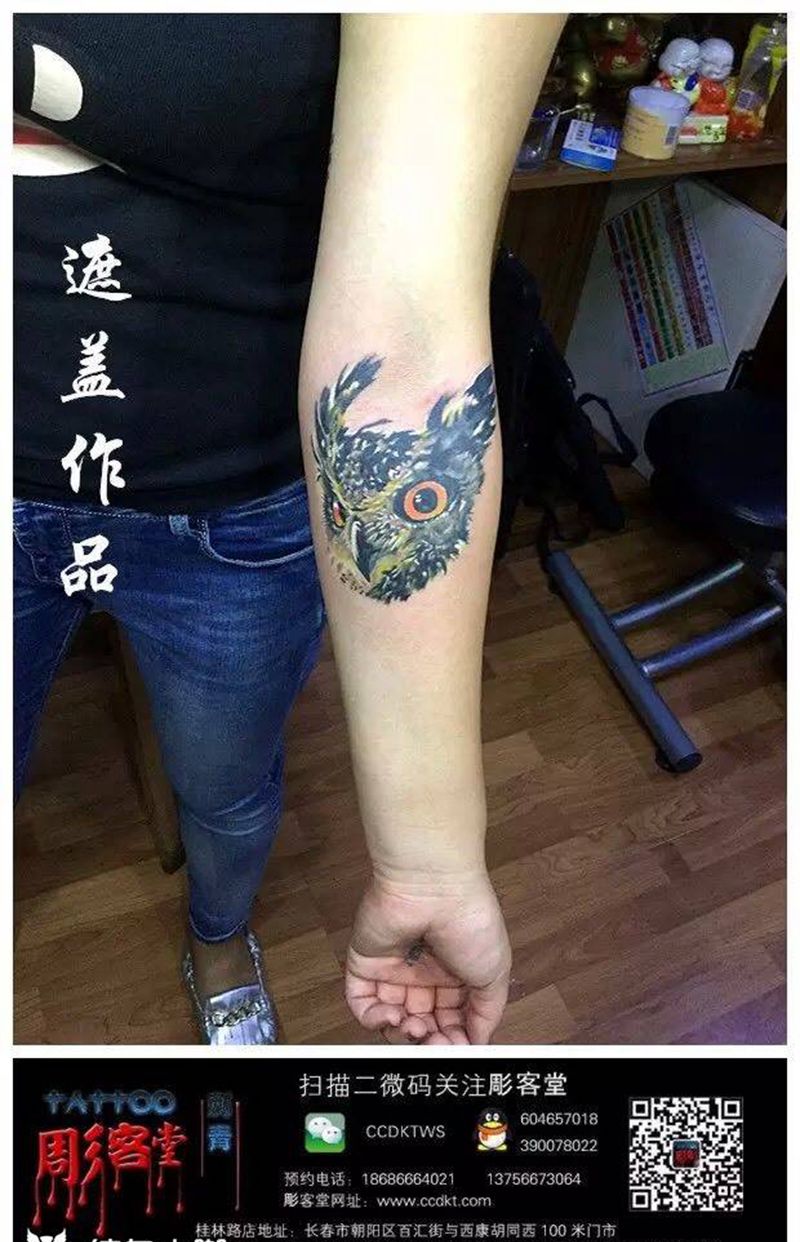 遮盖 猫头鹰纹身图片_手臂写实成品动物纹身图案